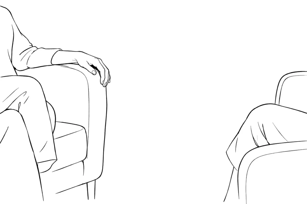 Two armchairs in a therapy room, fine line drawing