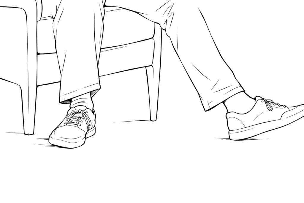 A seated person whose feet point in two directions, line drawing