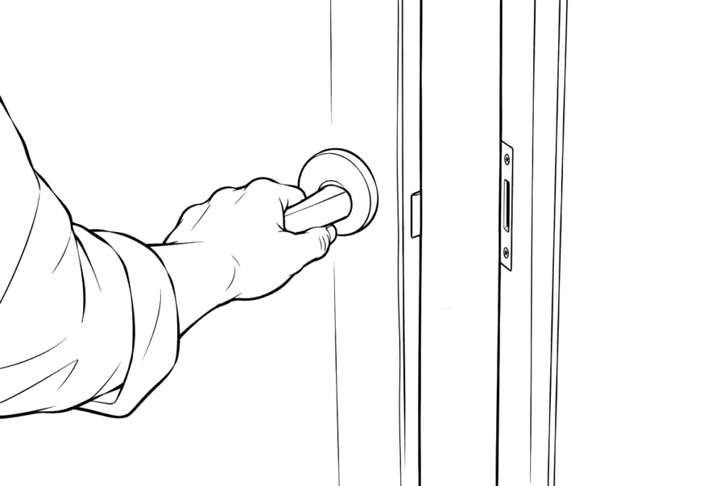 A hand on the handle of a half-open door, line drawing