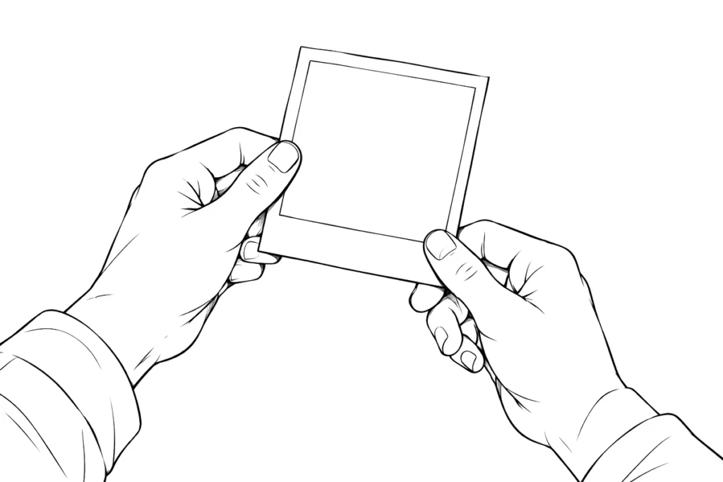 Hands holding an empty picture frame, line drawing