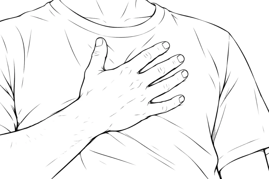 A hand resting on the chest, line drawing